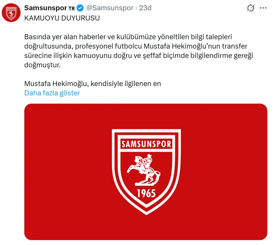 Samsunspor’dan iptal olan Mustafa Hekimoğlu açıklaması