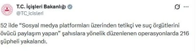 52 ilde su&ccedil; &ouml;rg&uuml;tlerini &ouml;ven paylaşımlara 216 g&ouml;zaltı
