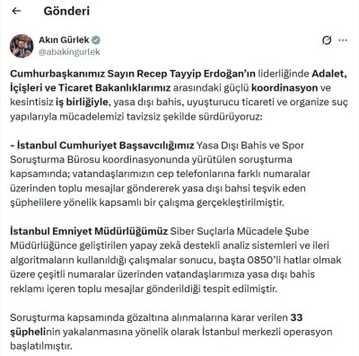Yasa dışı bahis mesajlarına operasyon: 33 g&ouml;zaltı kararı